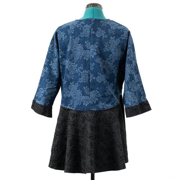 Handmade Peplum Jacket Denim Brocade Blue Black Floral Cottage - Picture 2 of 2